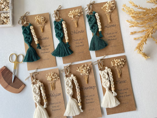 Personalized Macramé Name Keychain – Custom Boho Bridesmaid Gift